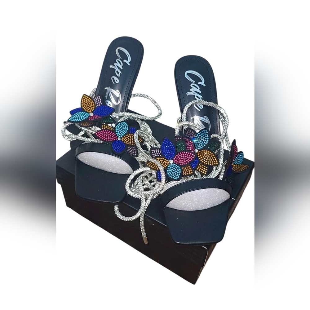Cape Robbin Black Heels with Multicolor Floral Embellishments